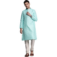 Manyavar Kurta Set For Men, Full Sleeves Mandarin Collar Ethnic Kurta Set For Engagement, Wedding, Party All Over Self Design (Blue, L)