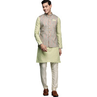 Manyavar Kurta Jacket Set for Men, Full Sleeves Mandarin Collar Ethnic Kurta Jacket Set for Festival, Wedding, Party Art Silk