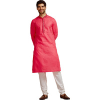 Manyavar Pink All Over Self Design Full Sleeve Cotton Kurta Set | Traditional Kurta Set For Men (XL)