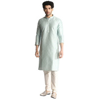 Manyavar Kurta Set for Men, Full Sleeves Mandarin Collar Ethnic Kurta Sets For Engagement, Wedding, Party Kurta Set Art Silk (Blue, M)