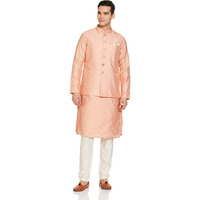 Manyavar Peach Art Silk Self design Celebration Kurta Jacket Set with Mandarin Collar