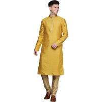 Manyavar Kurta Set for Men, Printed Knee Long Full Sleeves Kurta and Churidar Set for Men (Mustard, L)