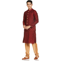 Manyavar Maroon Art Silk Self Design Celebration Kurta Jacket Set with Mandarin Collar