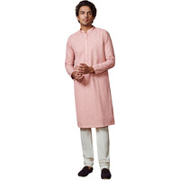 Manyavar Kurta Set For Men, Full Sleeves Mandarin Collar Ethnic Kurta Set For Engagement, Wedding, Party Solid (Pink, L)