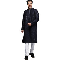 Manyavar Kurta Set For Men, Full Sleeves Mandarin Collar Ethnic Kurta Set For Engagement, Wedding, Party Solid (Blue, XL)