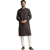Manyavar Men's Kurta, Full Sleeves Mandarin Collar Ethnic Knee Length Kurta Only, Kurta for Festival, Wedding, Party & Anniversary Blended Viscose (Blue, L)