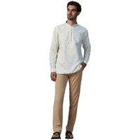 Manyavar Men's Kurta, Full Sleeves Mandarin Collar Ethnic Waist Length Kurta Only, Kurta for Festival, Wedding, Party & Anniversary Blended Viscose (White, XL)
