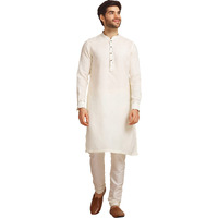 Manyavar Off White/Cream Linen Full Sleeve Kurta | Traditional Kurta for Men (M)