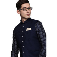 Manyavar Mens Jacket, Nehru Jacket for Men, Ethnic Jacket for Festival, Wedding, Party, Sleevless Jacket Blended Viscose (Blue, M)