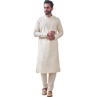 Manyavar Off White/Cream Blended Viscose Full Sleeve Kurta Set | Traditional Kurta Set For Men (M)