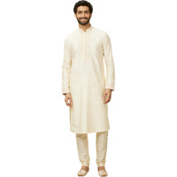 Manyavar Mens Cream Blended Viscose Self Design Kurta Pyjama Set