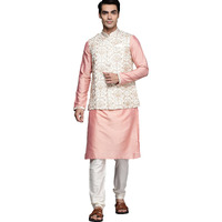 Manyavar Kurta Jacket Set for Men, Full Sleeves Mandarin Collar Ethnic Wear Jacket Set for Festival, Wedding, Party Blended Viscose (Peach, L)