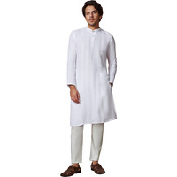 Manyavar Men's Kurta, Full Sleeve Mandarin Collared Ethnic Knee Length Kurta, Linen Kurta for Festival, Wedding, Party, Anniversary (White, XL)