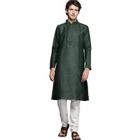 Manyavar Kurta Set for Men, Full Sleeves Mandarin Collar Ethnic Kurta Set For Engagement, Wedding, Party Solid Kurta Set Blended Viscose (Green, L)