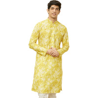 Manyavar Men's Corn Yellow Floral Printed Kurta (XL)