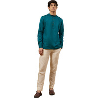 Manyavar Men's Short Kurta, Full Sleeves Mandarin Collar Ethnic Waist Length Kurta Only, Kurta for Festival, Wedding, Blended Viscose(Green, XL)
