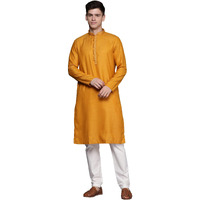 Manyavar Men's Ethnic Kurta Set, Full Sleeves Mandarin Collar Ethnic Kurta Set For Engagement, Wedding, Party Blended Viscose Kurta Set (Mustard, XL)