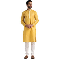 Manyavar Kurta Set for Men, Full Sleeves Mandarin Collar Ethnic Men's Kurta Set For Engagement, Wedding, Party Cotton Solid (Yellow, XL)