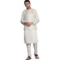 Manyavar Kurta Jacket Set for Men, Full Sleeves Mandarin Collar Ethnic Wear Jacket Set for Festival, Wedding, Party Satin (Off White, M)