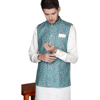 Manyavar Mens Jacket, Nehru Jacket for Men, Ethnic Jacket for Festival, Wedding, Party, Sleevless Jacket Blended Cotton (Blue, S)