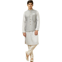 Manyavar Men's Blended Cotton Self Design Sleeveless Casual,Traditional Nehru Jacket (Grey, M)