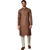 Manyavar Kurta Set for Men, Full Sleeves Mandarin Collar Ethnic Kurta Set for Diwali, Wedding, Party All Over Self Design (Brown, L)