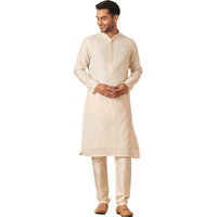 Manyavar Kurta Set For Men, Full Sleeves Mandarin Collar Ethnic Kurta & Payjama Set Art Silk All Over Self Design Set (Cream, L)