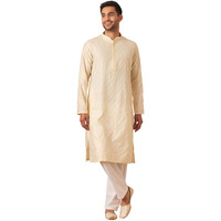 Manyavar Kurta Set For Men, Full Sleeves Mandarin Collar Ethnic Kurta Pyjama Set Art Silk All Over Self Design Set (Cream, L)