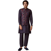 Manyavar Kurta Jacket Set for Men, Full Sleeves Mandarin Collar Ethnic Kurta Jacket Set for Festival, Wedding, Party Art Silk (Blue, M)