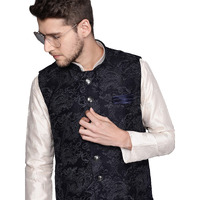 Manyavar Mens Jacket, Nehru Jacket For Men, Ethnic Jacket for Festival, Wedding, Party, Sleevless Jacket Blended Rayon (Blue, M)
