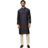 Manyavar Mens Blue Blended Viscose Self Design Kurta Pyjama Set