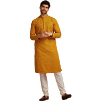 Manyavar Mustard Blended Cotton Full Sleeve Kurta Set | Traditional Kurta Set For Men (XXL)