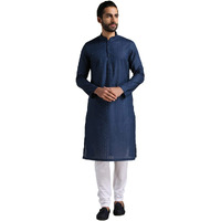 Manyavar Kurta Set for Men, Full Sleeves Mandarin Collar Ethnic Men's Kurta Set For Engagement, Wedding, Party Cotton All Over Self Design (Blue, XL)