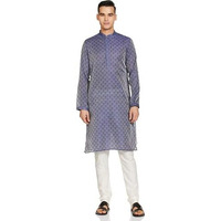 Manyavar Blue Art Silk Self Design Casual Kurta Set for Men