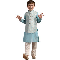 Manyavar Boys Green Art Silk Kurta Jacket Pyjama Set