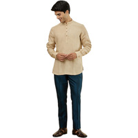 Manyavar Mens Fawn Linen Short Kurta