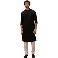 Manyavar Kurta Set for Men, Full Sleeves Mandarin Collar Ethnic Kurta & Payjama Set Art Silk Viscose Set (Black, L)