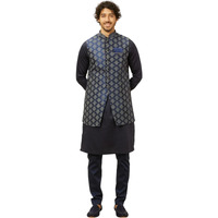 Manyavar Mens Blue Art Silk Self Design Kurta Pyjama Jacket Set