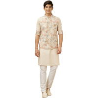 Manyavar Men's Blended Linen Printed Full Sleeves Casual,Traditional Jacket Pant Set (Beige, L)