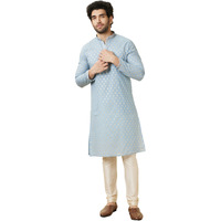 Manyavar Men's Chanderi Self Design Full Sleeves Knee Length Kurta Set (Grey, S)
