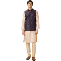 Manyavar Men's Art Silk Self Design Sleeveless Mandarin Collar Traditional Nehru Jacket (Blue,M)