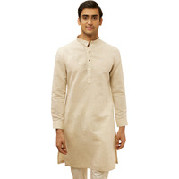 Manyavar Men's Natural Beige Embroidered Neckline Kurta (XL)