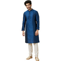 Manyavar Men's Art Silk Self Design Full Sleeves Knee Length Kurta Set (Blue, L)