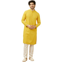 Manyavar Men's Blended Cotton Embroidered Full Sleeves Casual,Traditional Kurta & Payjama Set (Mustard, L)