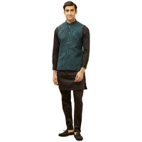 Manyavar Mens Blue Brocade Self Design Jacket