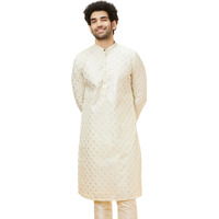 Manyavar Mens Green Chanderi Self Design Kurta Pyjama Set
