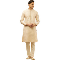 Manyavar Mens Beige Art Silk JACQUARD Kurta Pyjama Set