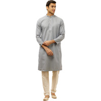 Manyavar Men's Grey Blended Cotton Solid Kurta Pyjama Set (XL)