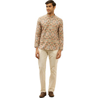 Manyavar Mens Beige Blended Viscose Printed Short Kurtas