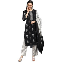 Vaamsi Women's Floral Block Printed Straight Kurta Pant With Dupatta Set (VKSKD1024_Black_S)